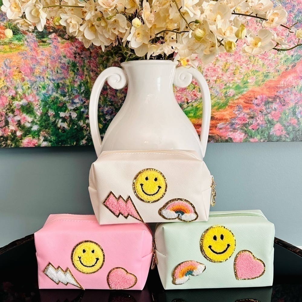 PREPPY cute zipper accessories makeup pouch with colorful emoji patches - Picture 1 of 8